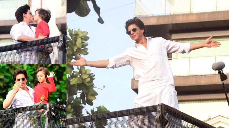 Eid greetings from Shah Rukh Khan and Abram outside Mannat with folded hands and a salute. Watch