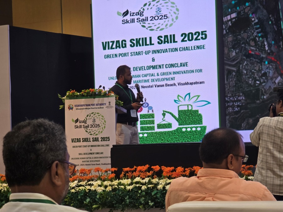 XZent Solution's co-founder Saurav L. Chaudhari pitching at Vizag Skill Sail 2025 at Novotel Visakhapatnam Varun Beach